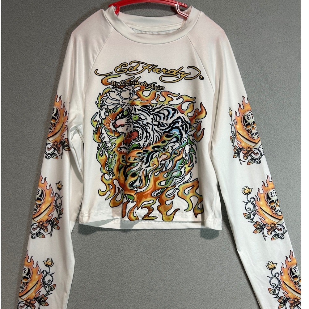 Ed Hardy Kids T-Shirt Small White Tiger Skull Flame Graphic Y2K Grunge Edgy